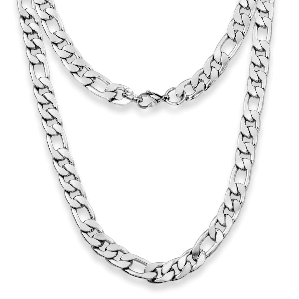 9mm Figaro Mens Necklace Silver Chain Stainless Steel Jewellery UK (05)